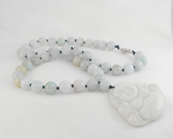 Vintage Jade Laughing Buddah Beads Necklace Feng … - image 2