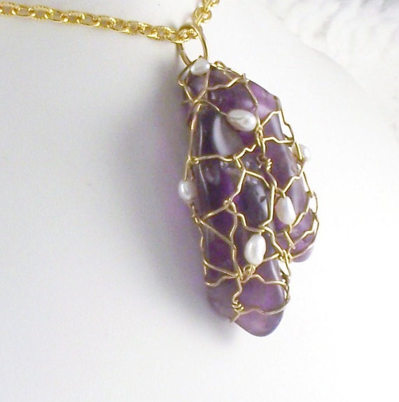Vintage Wire Wrapped Raw Amethyst & Real Pearls P… - image 2