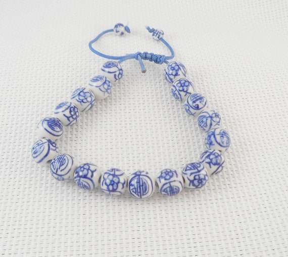 Vintage Chinese Pull Cord Beads Bracelet Blue & W… - image 1