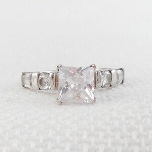 Vintage Sterling Silver Square Cut CZ Ring Sterling Engagement Ring Big CZ Stone Ring Signed 925 Solitaire Cocktail Ring Gift for Her