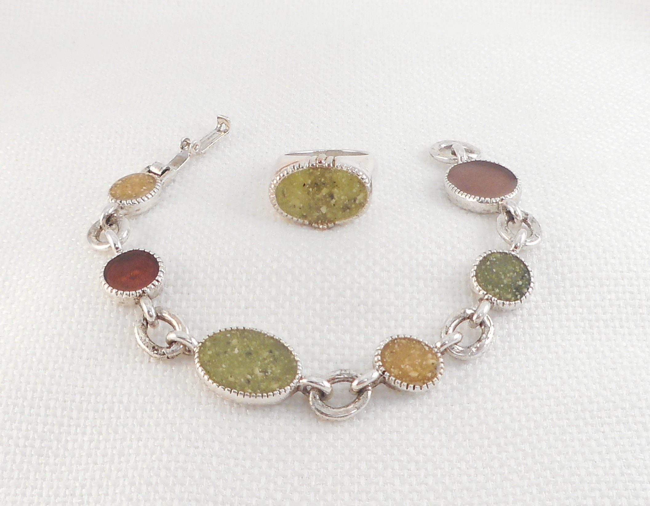 Vintage LC Signed Silver Earth Enamel Bracelet and Ring Set LC