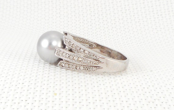 Vintage Big Faux Gray Pearl & Rhinestones Ring St… - image 1