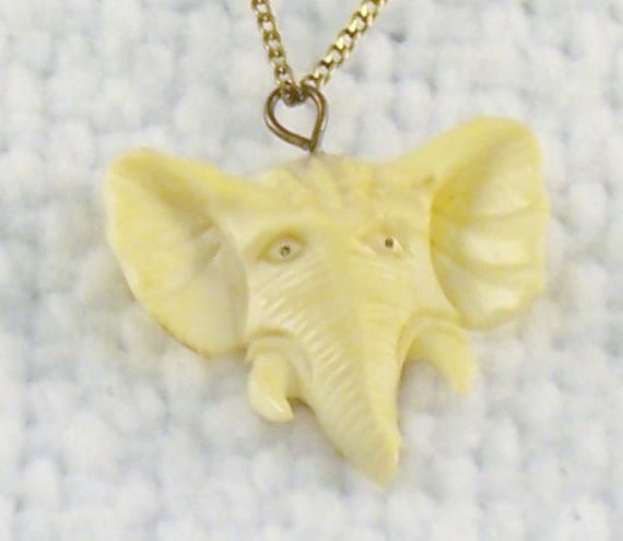 Vintage Carved Elephant Head Necklace Hand Carved Elephant Pendant