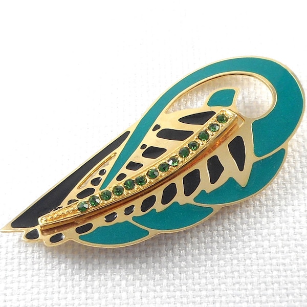 Vintage 1980's Edgar Berebi Modernist Enamel Leaf Brooch Pin Green Teal Enamel Rhinestone Leaf Brooch Mod Leaf Brooch Big Abstract Leaf Pin