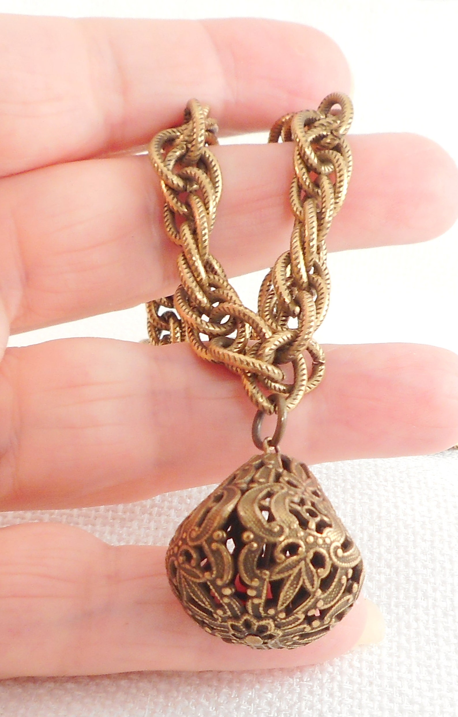 Vintage Brass Chunky Chain Filigree Drop Necklace Big Filigree Etsy