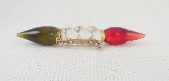 Vintage Unique OOAK Glass Spindle Brooch Artisan Unique Glass Spindle Brooch Red & Green Glass Brooch Statemen Brooch 80's Glass Brooch View 5