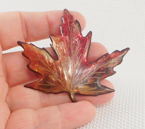 Vintage Shimmering Enamel Maple Leaf Brooch Big S… - image 1