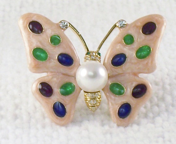 Vintage Shimmery Enamel Butterfly Brooch Blue Gre… - image 1