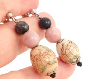 Vintage Sterling Chinese Hand Painted Drop Bead Earrings 925 Drop Asian Bead Earrings Gift for Her Natural Stones Chinese Drop Earrings