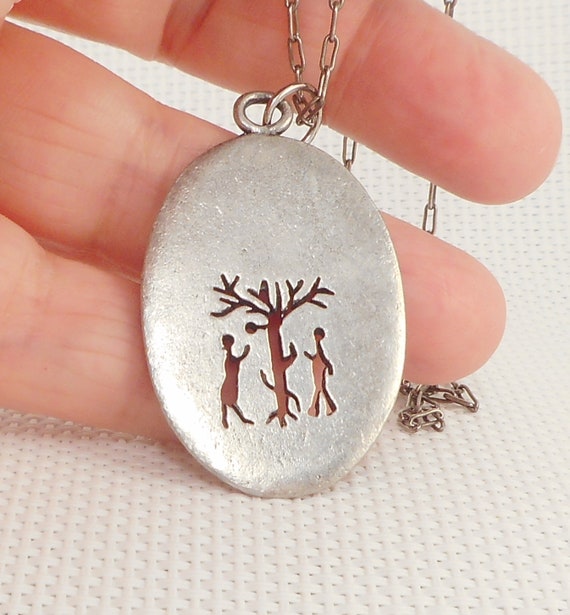 Vintage Pewter Adam & Eve Necklace Boho Garden of… - image 1