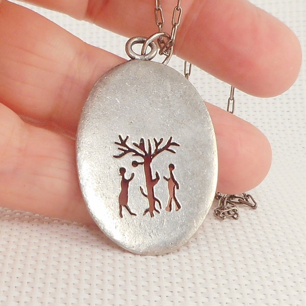 Vintage Pewter Adam & Eve Necklace Boho Garden of Eden Pewter Necklace WOW Unisex Pewter Christian Necklace Biblical Temptation Necklace