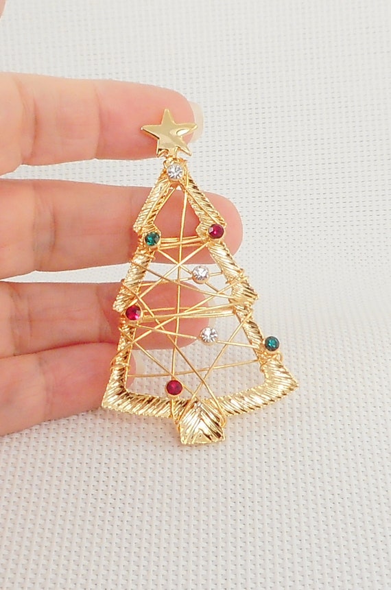 Vintage Open Wire Rhinestone Christmas Tree Pin Go