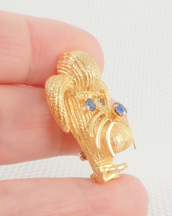 Vintage Etched Gold Tone Blue-Eyed Poodle Pin Det… - image 1