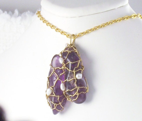 Vintage Wire Wrapped Raw Amethyst & Real Pearls P… - image 1