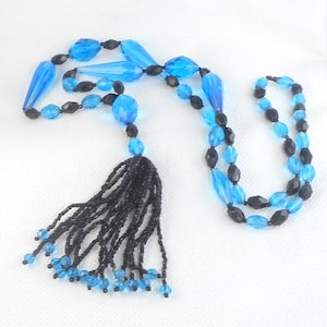 Vintage Dramatic Art Deco Czech Glass Flapper Necklace Big Czech Glass Aqua and Black Tassel Necklace Definite Statement Necklace