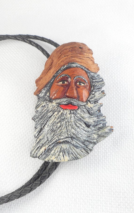 Vintage Hand Carved Wood Bearded Man Leather Bolo 