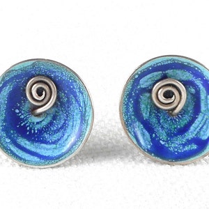 Vintage Modernist Sterling Blue Enamel Swirl Earrings Modernist Enamel Swirl Sterling Silver Earrings Atomic Blue Swirl Enamel Earrings
