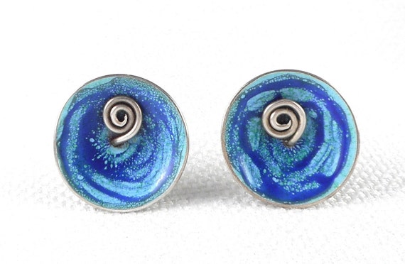 Vintage Modernist Sterling Blue Enamel Swirl Earr… - image 1