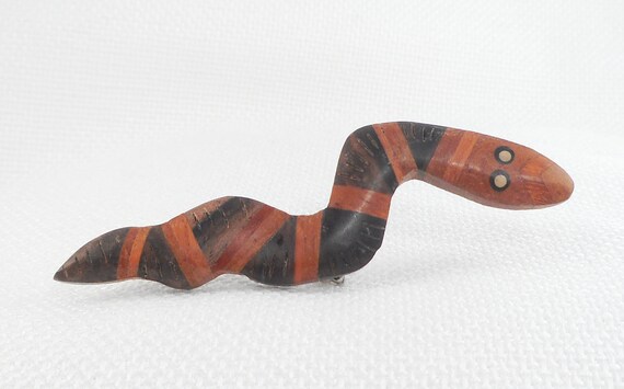 Vintage Layered Wood Snake Pin Brooch Light and D… - image 4