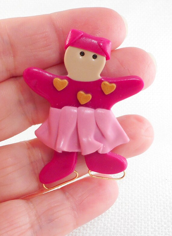Handmade Polymer Clay Ice Skater Pin Pink Fimo Cl… - image 2