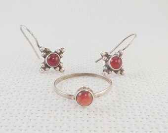Vintage 1980s Carnelian Cabochon Earrings & Ring Set Boho 925 Carnelian Ring and Earrings Gift for Her Vintage Minimal Carnelian Jewelry Set