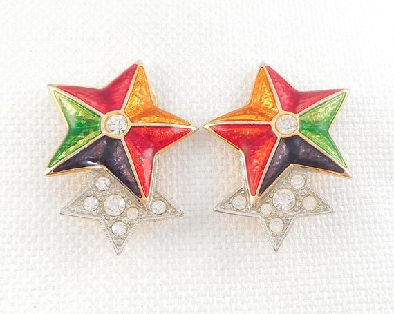 Vintage 1960's Guilloche Enamel Stars Clip Earrin… - image 3