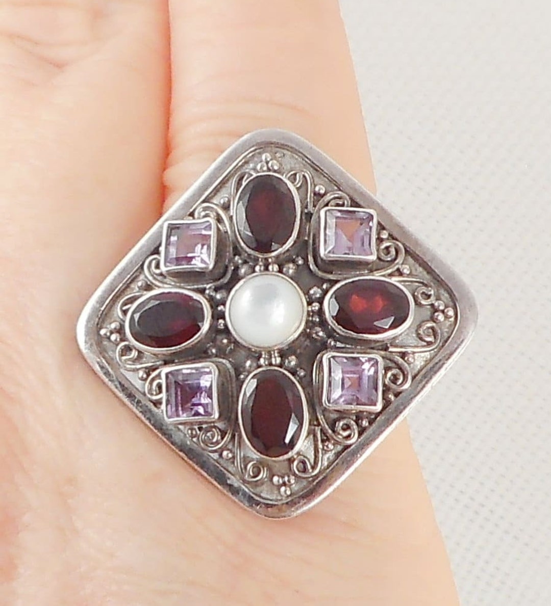 Vintage Large Sterling Multi Stone Bali Legacy Ring Sterling Garnet ...