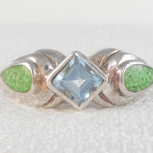 Vintage Modernist Sterling Silver Topaz & Green Turquiose Inlay Ring Real Topaz and Turquoise Ring Signed DC Blue Green Stones Ring for Her image 3