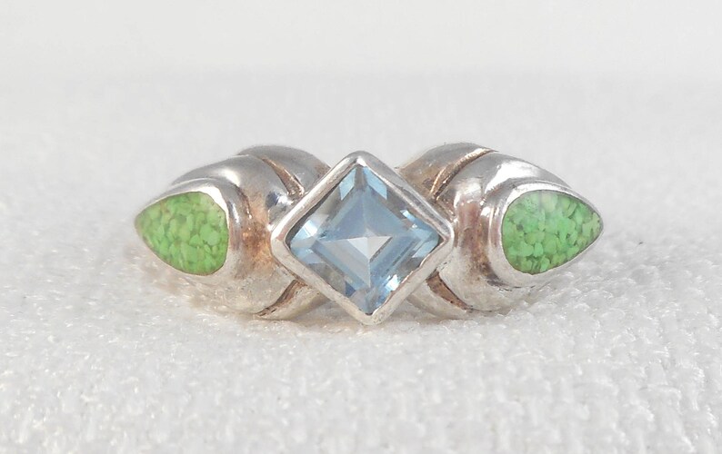 Vintage Modernist Sterling Silver Topaz & Green Turquiose Inlay Ring Real Topaz and Turquoise Ring Signed DC Blue Green Stones Ring for Her image 3
