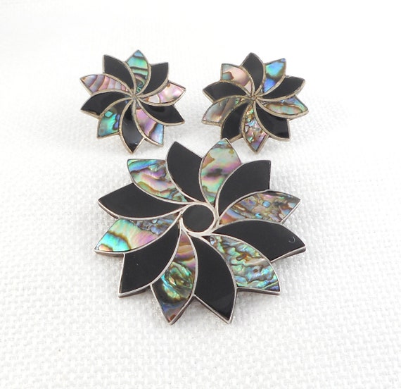 Vintage Taxco Sterling Abalone Pinwheel Flower Br… - image 1