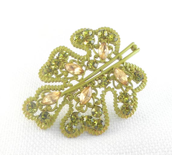 Vintage Enamel Rhinestone Leaf Brooch Pin Enamel … - image 1