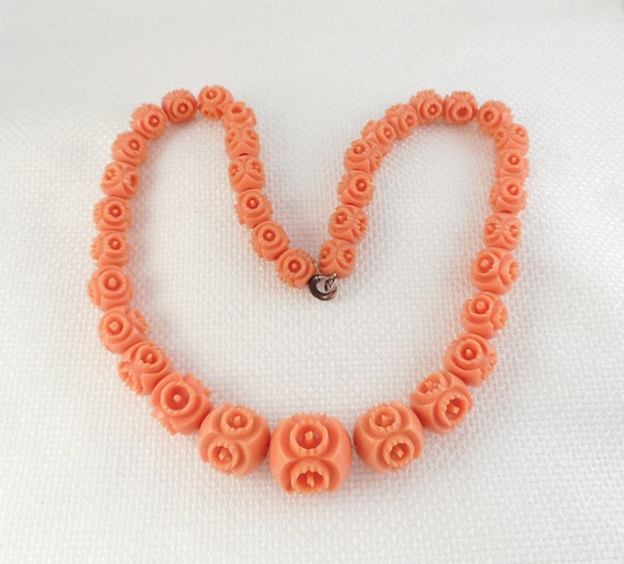 Art Deco Molded Coral Celluloid Beads Necklace 19… - image 1