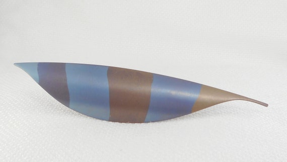 Vintage Modernist Blue & Brown Enamel Leaf Feathe… - image 3