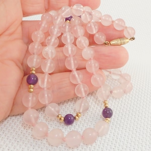 Vintage Rose Quartz & Amethyst Beads Necklace Boho 1960&#39;s Purple and Pink Beads Necklace Hand Tied Rose Quartz and Amethyst Beads Necklace