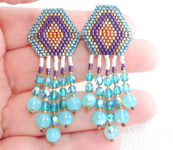 Vintage Artisan Glass Beaded Drop Earrings Unique Pierced Stud