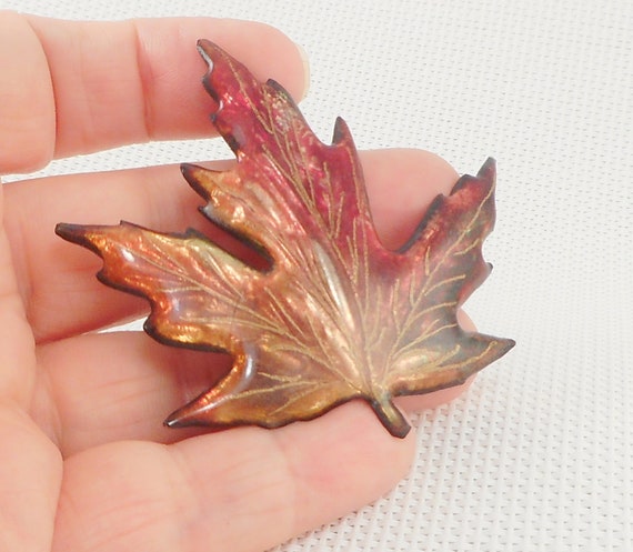 Vintage Shimmering Enamel Maple Leaf Brooch Big S… - image 3