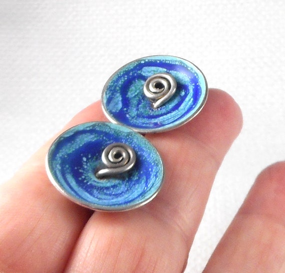 Vintage Modernist Sterling Blue Enamel Swirl Earr… - image 3