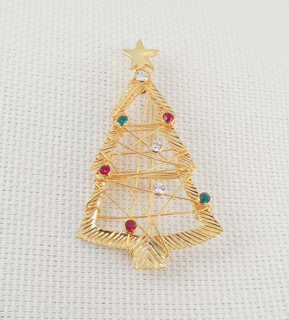 Vintage Open Wire Rhinestone Christmas Tree Pin G… - image 2