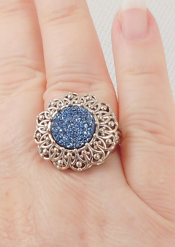 Vintage Sterling HSN Orvieto Blue Druzy Ring Larg… - image 6