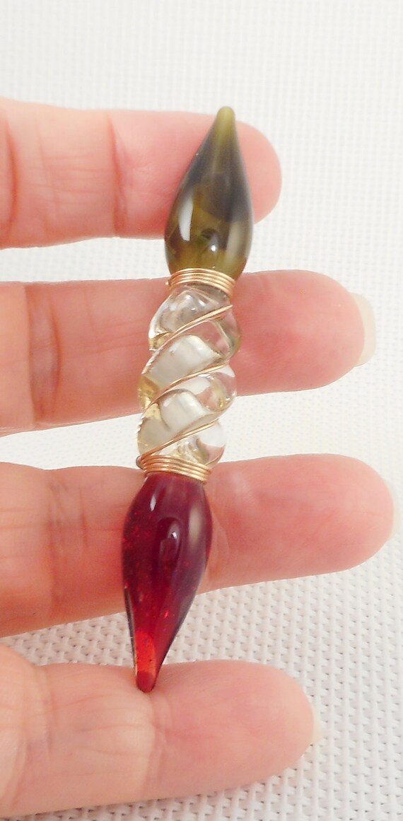 Vintage Unique OOAK Glass Spindle Brooch Artisan Unique Glass Spindle Brooch Red & Green Glass Brooch Statemen Brooch 80's Glass Brooch View 2