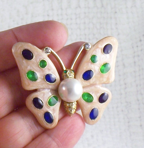 Vintage Shimmery Enamel Butterfly Brooch Blue Gre… - image 2