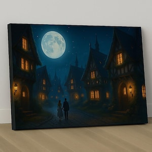 Romantic Moonlit Village Art – Cozy Fantasy Night Scene, Fairytale Landscape Full Moon. Canvas Art Print on Wooden Frame Ready to Hang.
