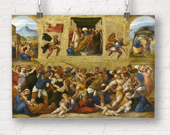 May include: A painting depicting a scene of violence and chaos.  A group of people are being attacked by soldiers, while others flee in terror.  The painting is set in a city square, with buildings and trees in the background.  The colors are muted and earthy, with a sense of urgency and despair.