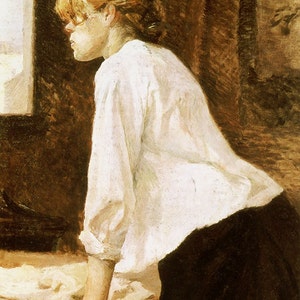 Op de afbeelding: Een schilderij van een vrouw die een wit blouse en een donkere rok draagt. Ze staat voor een raam en kijkt naar buiten. Het schilderij is gemaakt in een realistische stijl en het gezicht van de vrouw is zichtbaar.