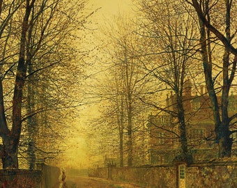 May include: An autumn landscape painting depicts a tree-lined road covered in fallen leaves. A woman in a long dress stands near a stone wall, holding a bucket. The scene is bathed in warm, golden light, with a large house visible in the distance.
