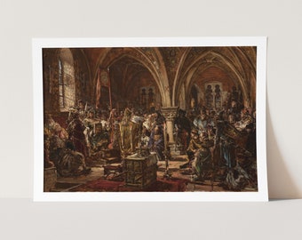 May include: A painting depicting a historical scene in a grand hall with a large group of people in medieval clothing. The scene is filled with intricate details, including ornate architecture, rich fabrics, and a sense of drama.