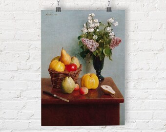 Henri Fantin-Latou: Natura morta con fiori e frutta (1866). Stampa/Poster Fine Art