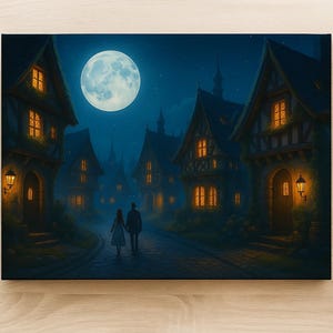 Romantic Moonlit Village Art – Cozy Fantasy Night Scene, Cottagecore Fairytale Landscape Full Moon Wall Art Print/Poster. Home Decor