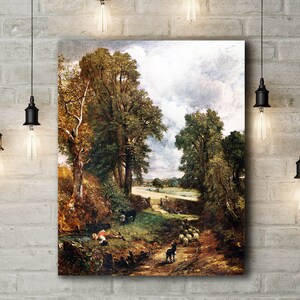 Peut inclure: Une peinture représentant un paysage rural avec un chemin sinueux menant à travers un bosquet d'arbres. Le ciel est nuageux et le chemin est bordé de moutons. Un petit ruisseau coule au premier plan.