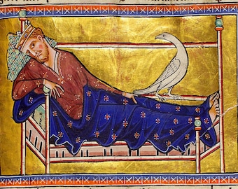 May include: A medieval illustration showing a person lying in a bed with a white bird perched on the bed frame. The person is wearing a red and gold robe and a crown. The bed is made of wood and has a blue and gold blanket.